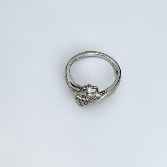 Sterling Silver Ring, Double Hearts Bypass Ring, Marked 925, Size 7 1/4 - Picture 7 of 9